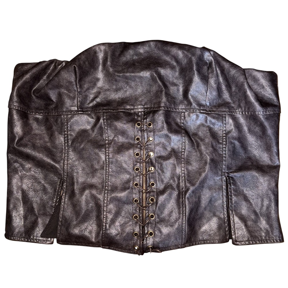 Princess Polly Afraid Strapless Faux Leather Top Brown Lace Up Corset Size 14 - Picture 2 of 7